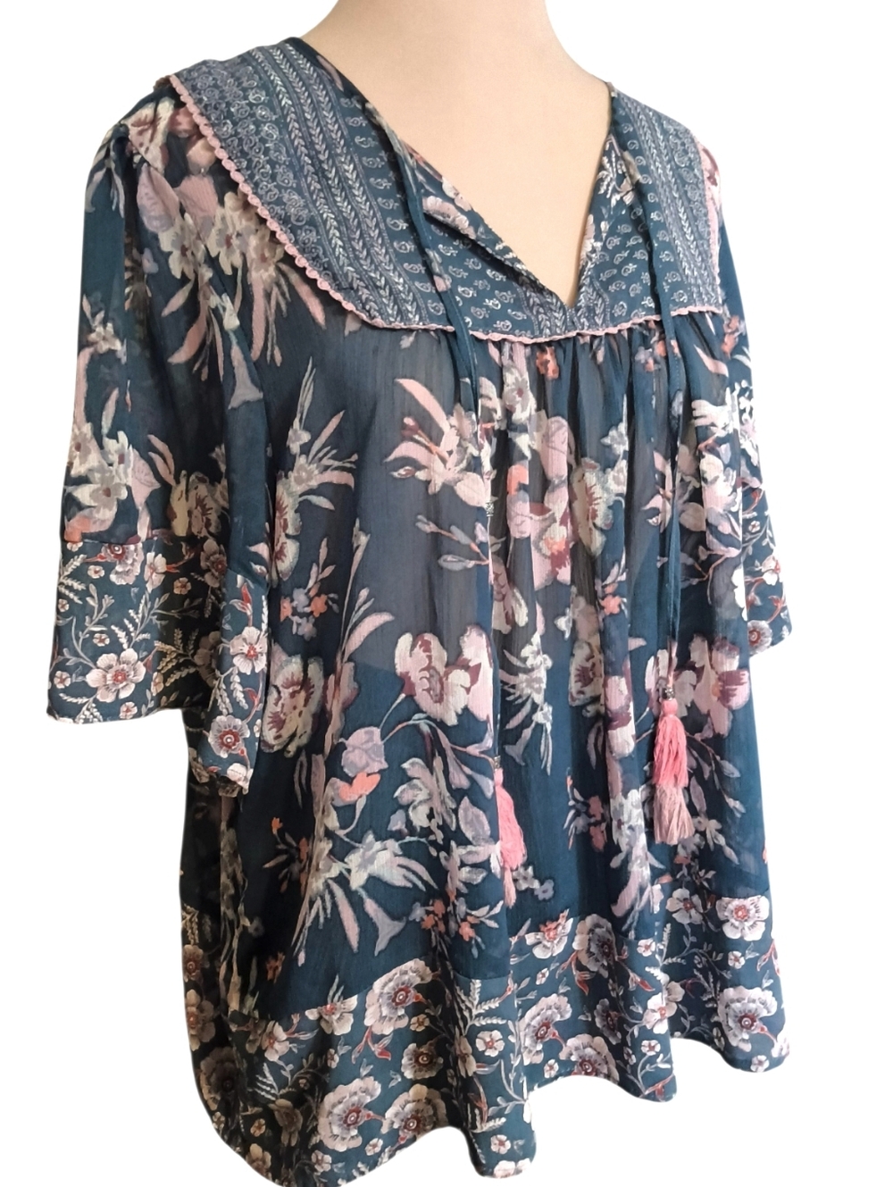 Knox Rose Teal Floral Boho Peasant Top with Pink Tassels Size XXL